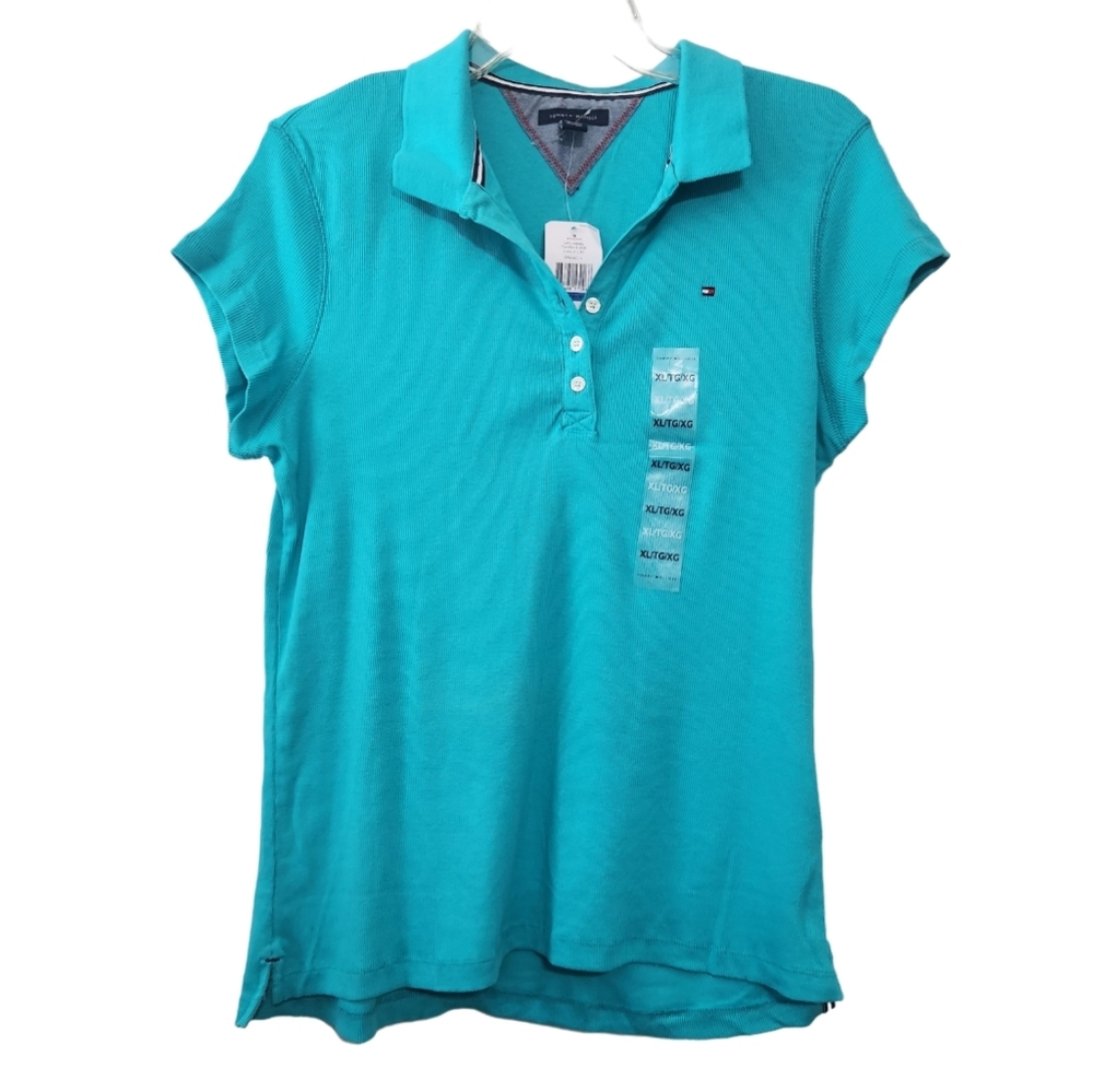 TOMMY HILFIGER TEAL RIBBED COLLAR TOP NWT SZ XL